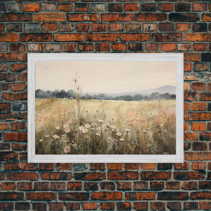 Wildflower Fields Landscape Oil Painting Print Large Wall Art Print, Framed Canvas Nature Wall Decor, Rustic Living Room Country Landscape