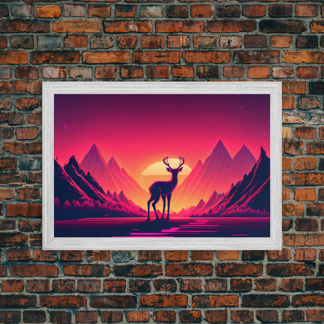 Deer at sunset, outrun style nature animal print, framed canvas print, sunrise art