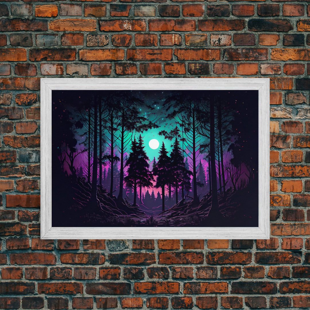 Fantasy forest art, full moon visible through the trees, framed canvas print, framed wall art