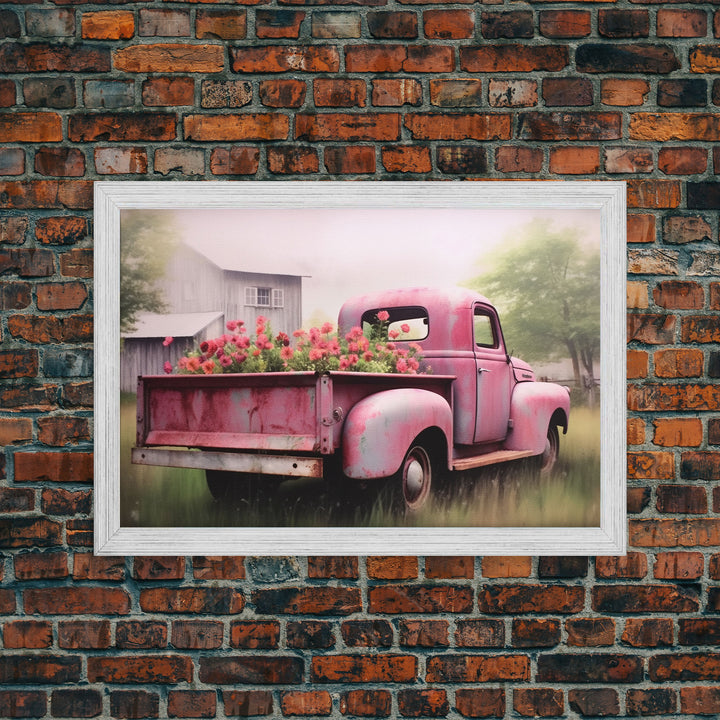 Old Pink Truck Used As a Flower Bed, Framed Canvas Print Or Poster, Rustic Farmhouse Decor, Primitive Art, Country Home Art