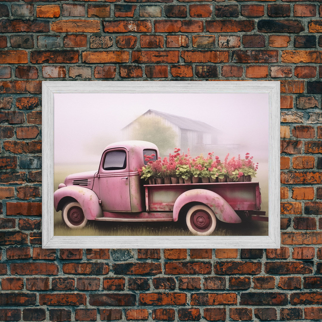 Framed Picture of old truck with beautiful flowers in bed of truck, farmhouse living, old barn, farmhouse distressed, framed canvas print