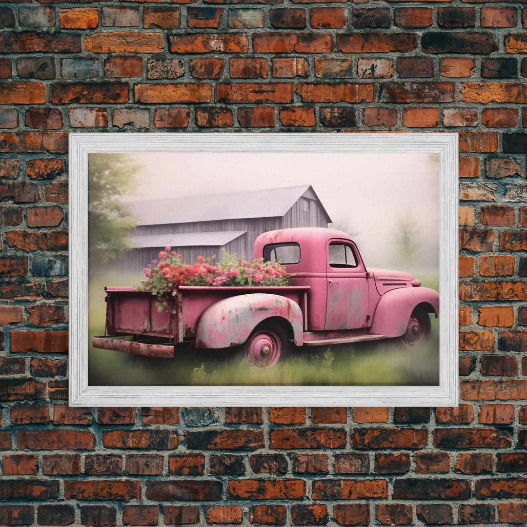 Framed Picture of old truck with beautiful flowers in bed of truck, farmhouse living, old barn, farmhouse distressed, framed canvas print