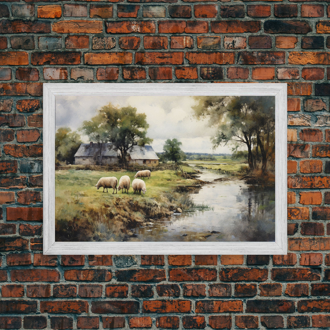 Sheep Grazing By The River, Vintage Art Canvas Print, Vintage Home Decor, Large Canvas Wall Art, Vintage Farmhouse Decor, Vintage Landscape