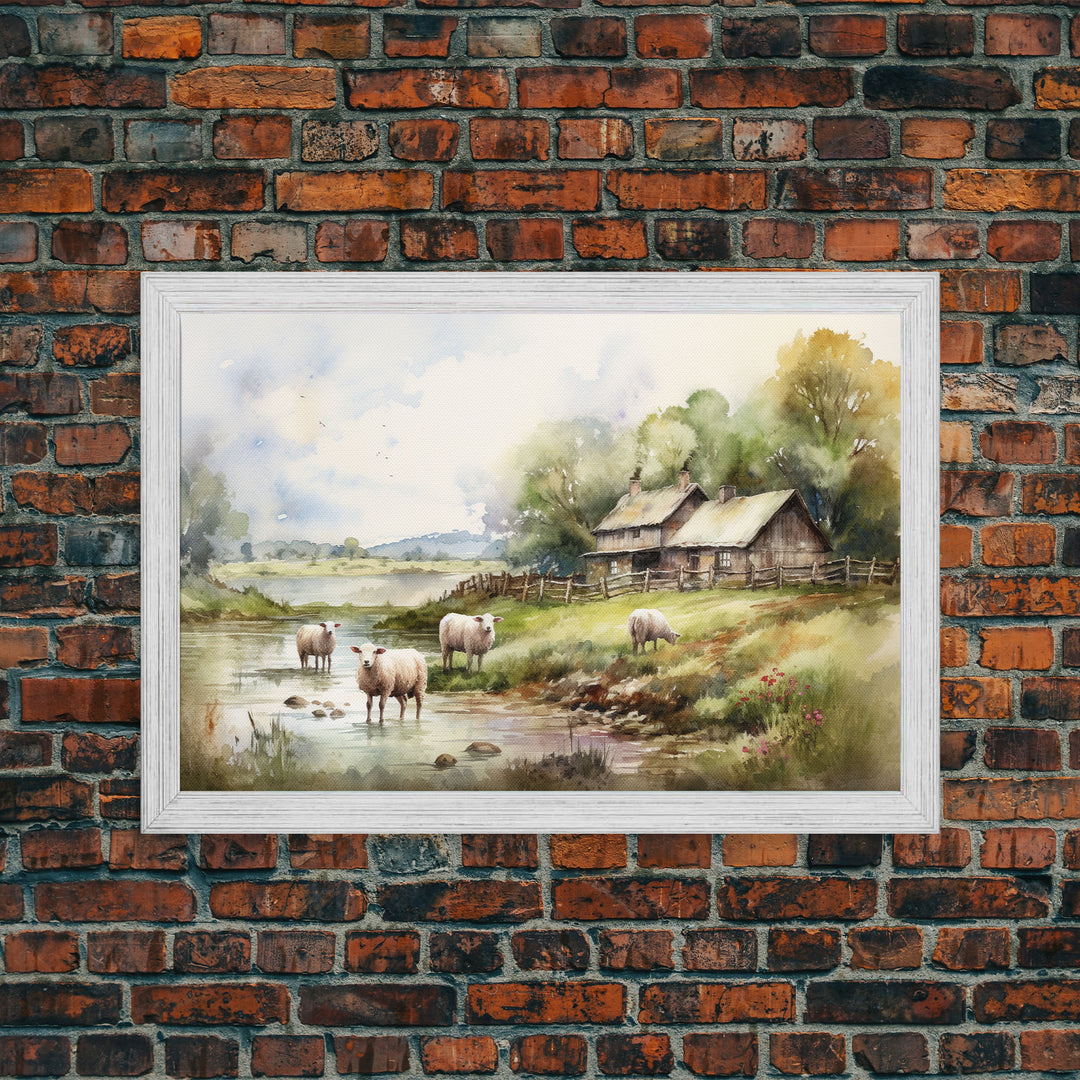 Sheep Grazing By The River, Vintage Art Canvas Print, Vintage Home Decor, Large Canvas Wall Art, Vintage Farmhouse Decor, Vintage Landscape