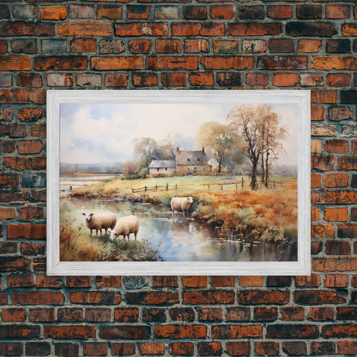 Sheep Grazing By The River, Vintage Art Canvas Print, Vintage Home Decor, Large Canvas Wall Art, Vintage Farmhouse Decor, Vintage Landscape