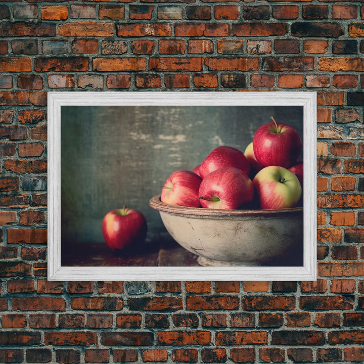 Primitive Kitchen Art, Framed Canvas Print, Still Life of Apples In A Rustic Bowl, Photography Print, Kitchen Decor, Country Kitchen