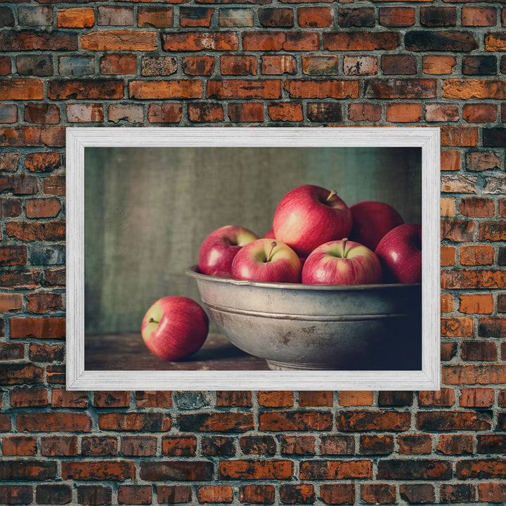 Farmhouse Kitchen Art, Framed Canvas Print, Still Life of Apples In A Rustic Bowl, Photography Print, Kitchen Decor, Rustic Country Kitchen