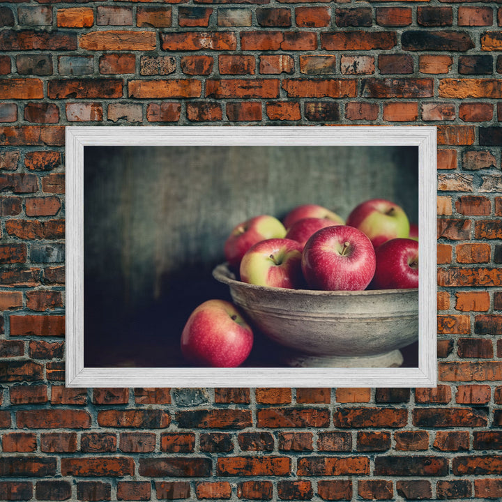 Farmhouse Kitchen Art, Framed Canvas Print, Still Life of Apples In A Rustic Bowl, Photography Print, Kitchen Decor, Rustic Country Kitchen