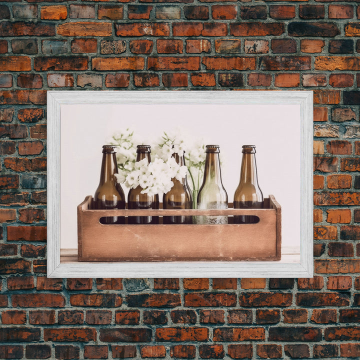 Primitive Kitchen Wall Art, Framed Canvas Print, Antique Bottles With White Flowers In A Wooden Crate, Still Life Kitchen Decor, Minimalist