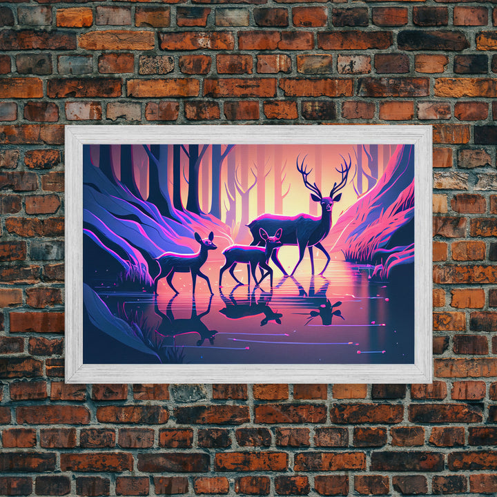 Vaporwave nature art, family of Deer in the forest, pastel art, framed canvas print, framed wall art