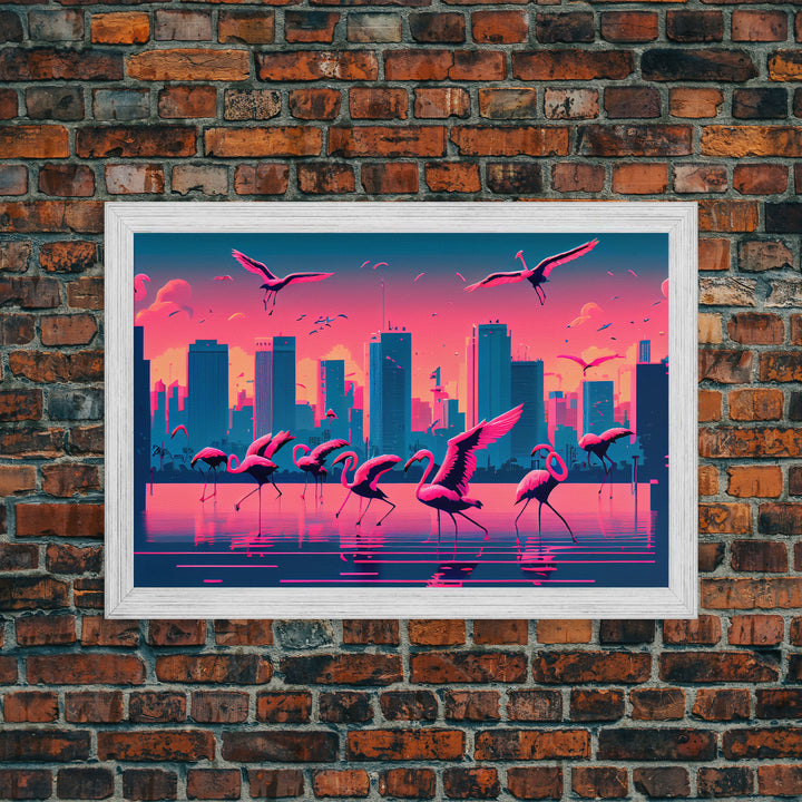 Pink Flamingos, Vaporwave aesthetic style art, framed canvas print, framed wall art