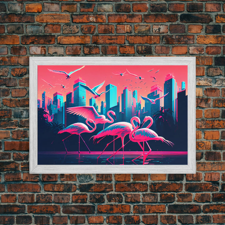 Pink Flamingos, Vaporwave aesthetic style art, framed canvas print, framed wall art