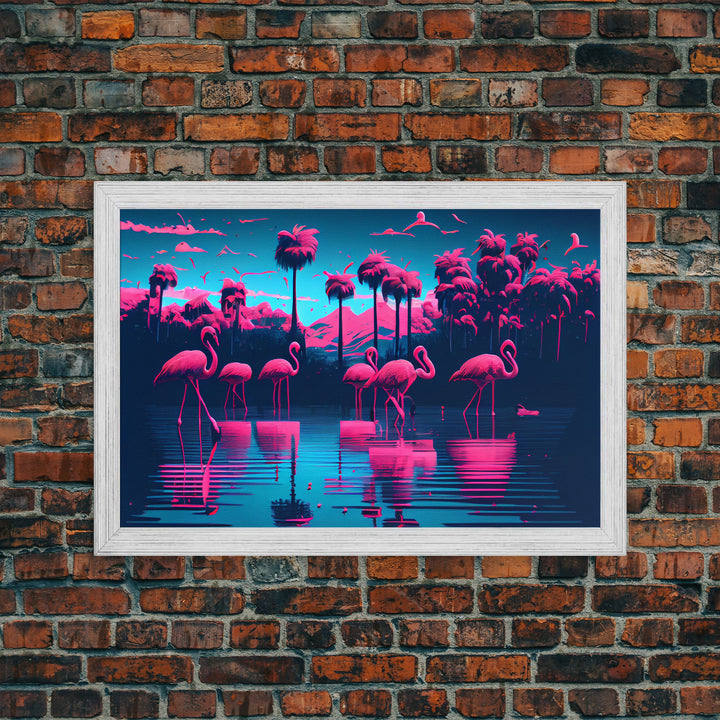 Reflections of Pink Flamingos, Vaporwave aesthetic style art, framed canvas print, framed wall art