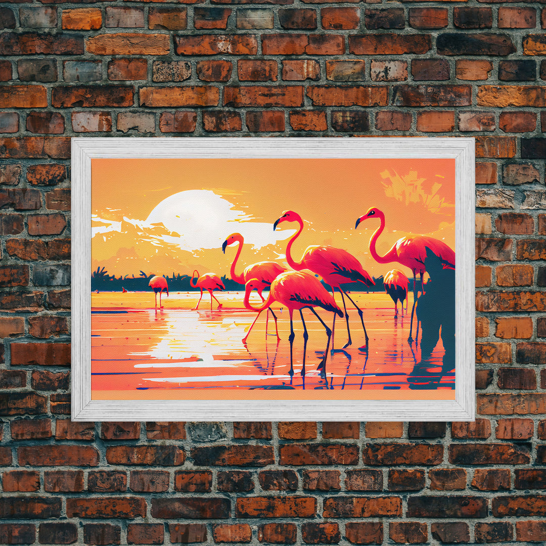 Pink Flamingos at Sunset, framed canvas print, vaporwave vibes art