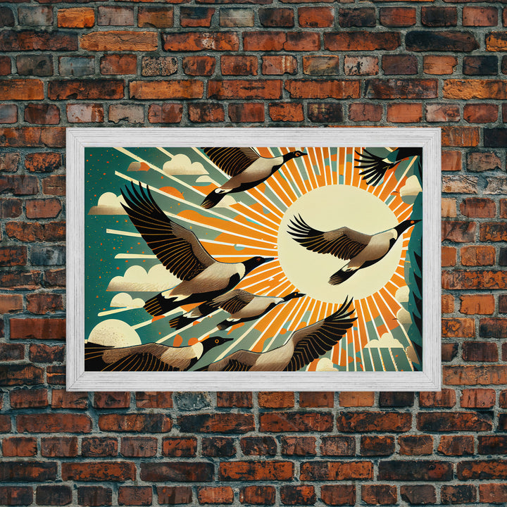 Flock of Geese, art deco style, midcentury style art, framed canvas print