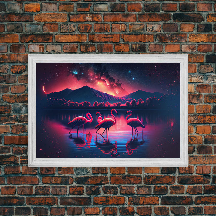 Pink Flamingos against a starry night sky, synthwave vibes, framed canvas print, framed art