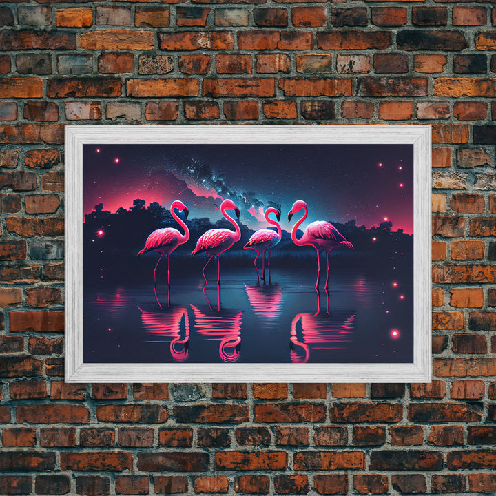 Pink Flamingos against a starry night sky, synthwave vibes, framed canvas print, framed art