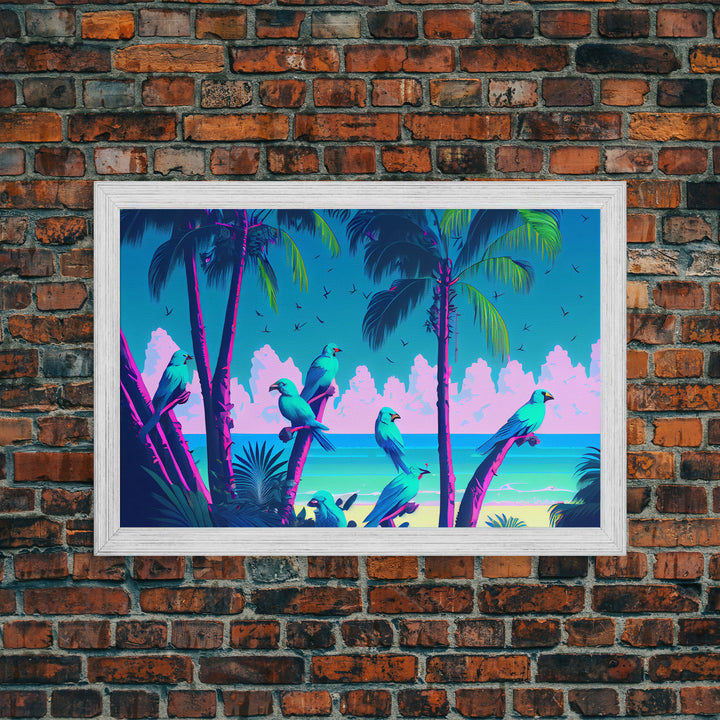 Tropical birds of paradise, synthwave, vaporwave wall art, framed canvas print