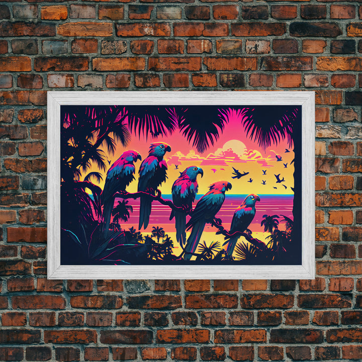 Tropical birds of paradise, synthwave, vaporwave wall art, framed canvas print