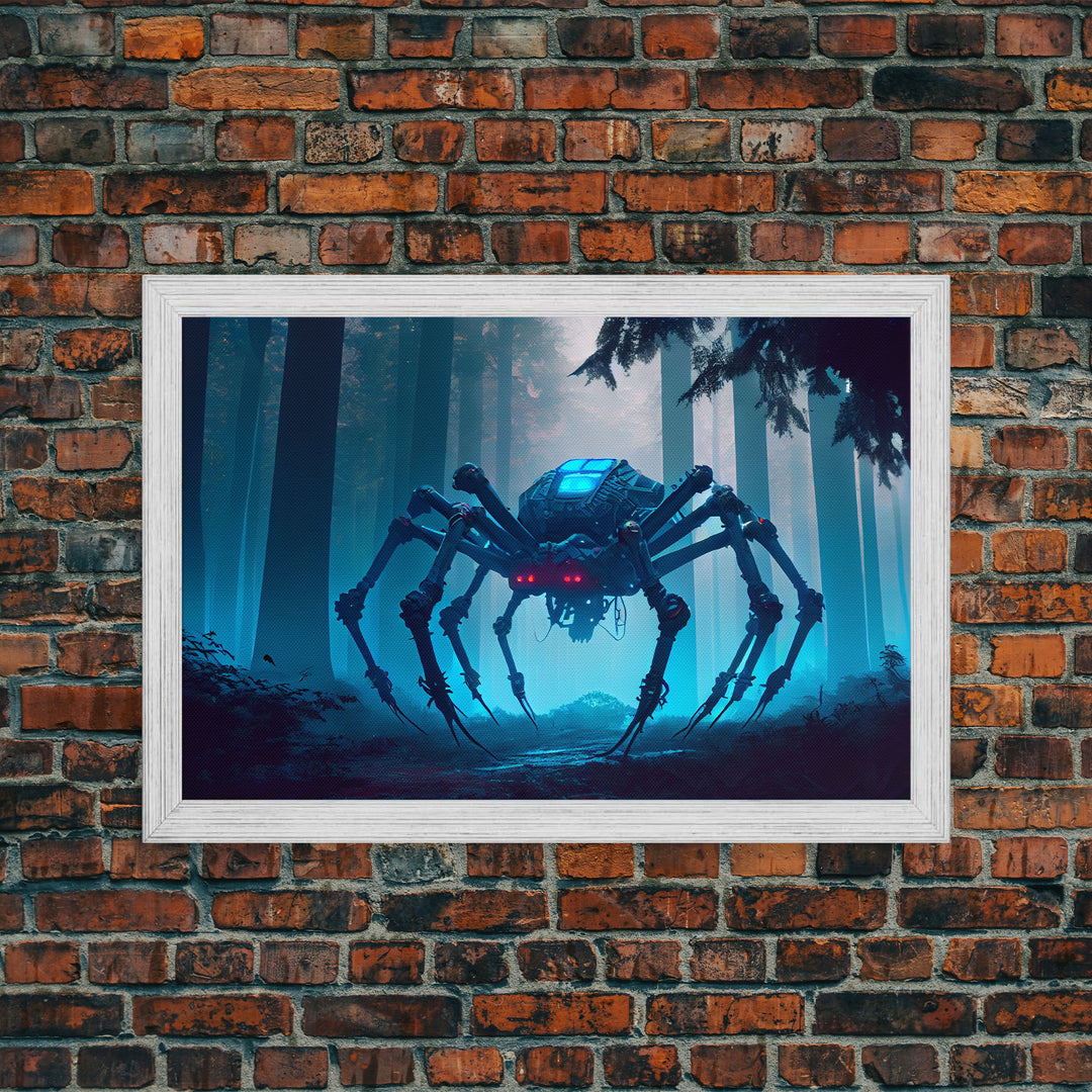 Cyborg Spider, Scifi Fantasy horror art, robot spider on the hunt, framed canvas print