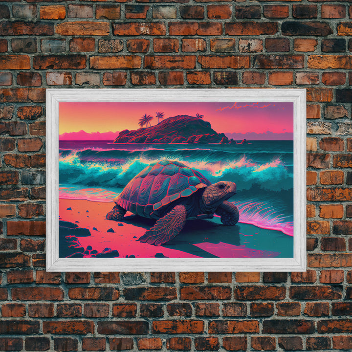 Sea turtle fighting the waves, framed canvas art, synthwave, vaporwave, animal prints