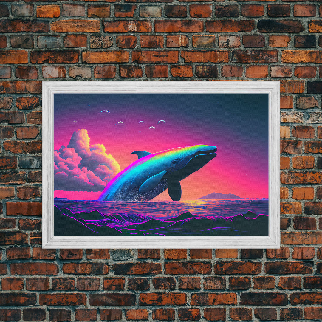 Humpback whale breaching a rainbow, vaporwave art, synthwave animal print, framed canvas print