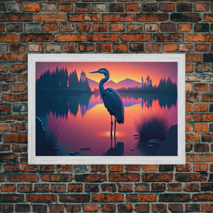 A stork standing in a calm lake at sunset, framed canvas print