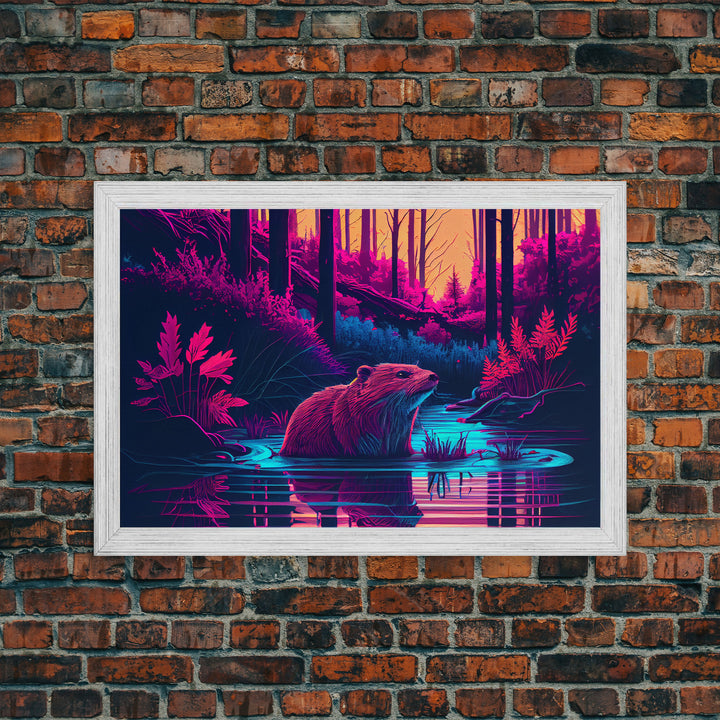 Cute beaver in a river, pink vaporwave art, animal  prints, framed canvas print, framed wall art