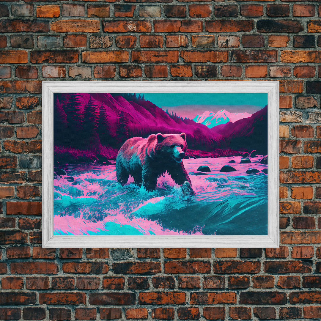 Grizzly bear crossing a river, vaporwave style animal print art, framed canvas print