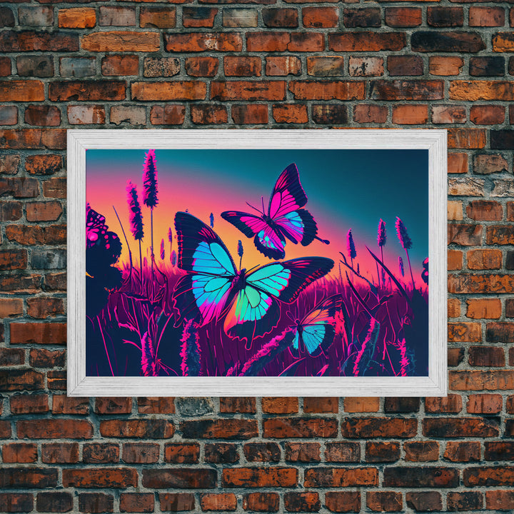 Beautiful turquoise butterfly art, vaporwave aesthetic pastel art, framed canvas print, synthwave art