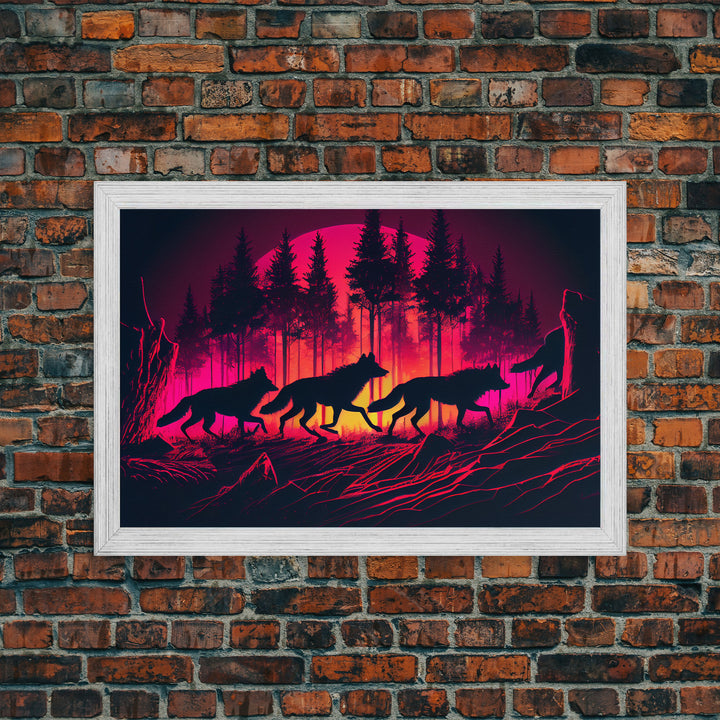 Wolf Pack on the hunt at sunset, synthwave animal art, framed canvas print