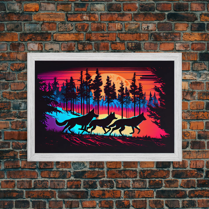 Wolves on the hunt at sunset, synthwave animal art, framed canvas print, vaporwave aesthetic animal art