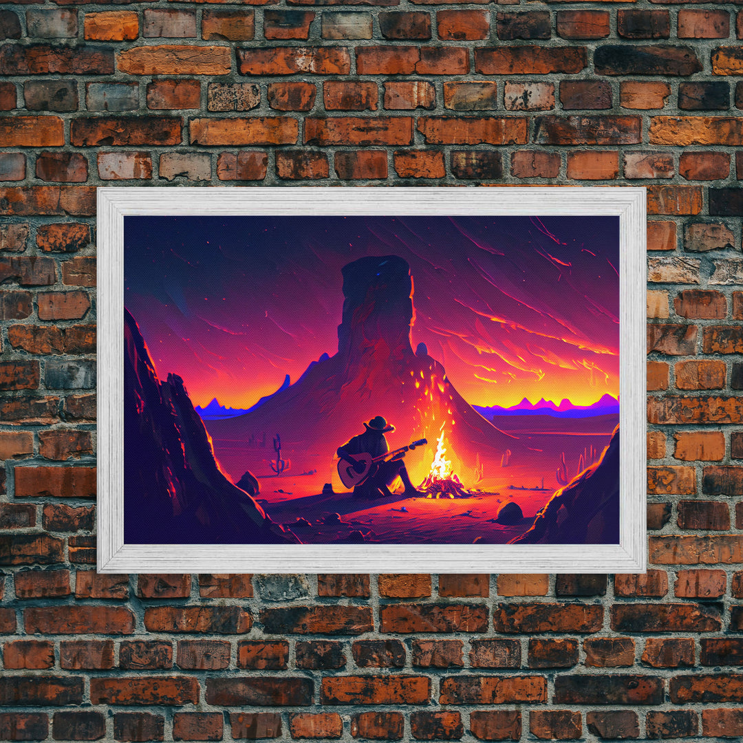 Campfire Songs, Retrowave style art, framed canvas print, synthwave art