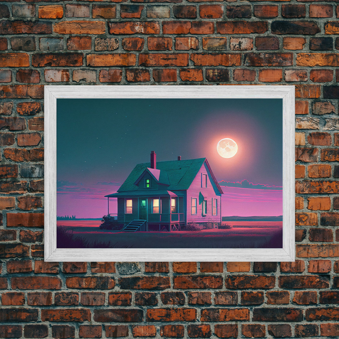 Primitive Retro Mashup, Little house on the prairie, vaporwave aesthetic style framed canvas print