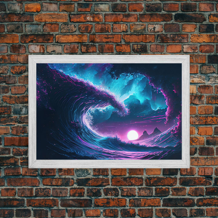 The Wave, Synthwave style ocean art, sunset in a wave, framed canvas print