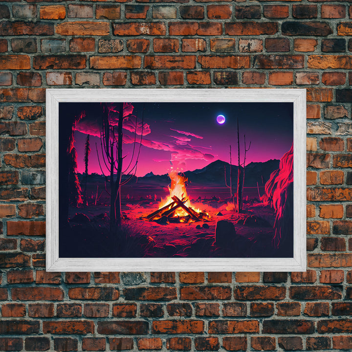 Primitive Art, Campfire Painting Print, Framed Canvas Print, Synthwave Farmhouse Decor