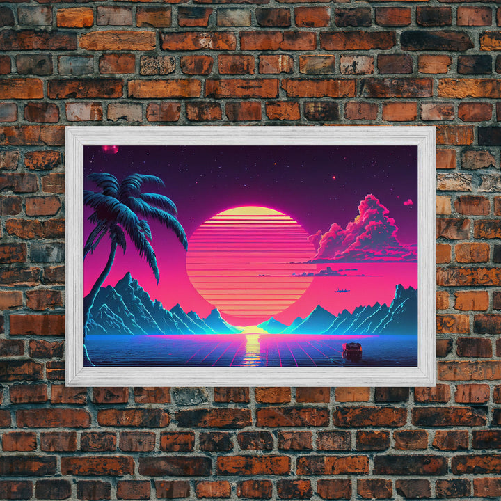 Retro Outrun Style Palm Trees and Sunset, Framed Canvas Print, Wireframe lake and mountain vista