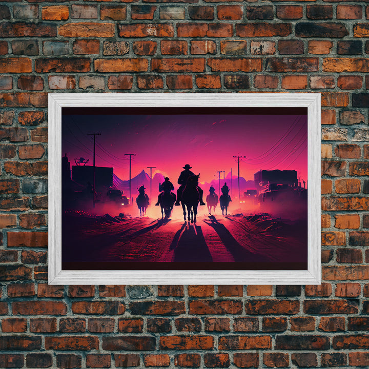 Retro Synthwave Style Post-Apocalyptic Cowboys, framed canvas print, retro outrun style wild west art