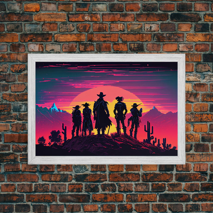 Retro Synthwave Style Wild West Cowboys, framed canvas print, retro outrun style wild west art