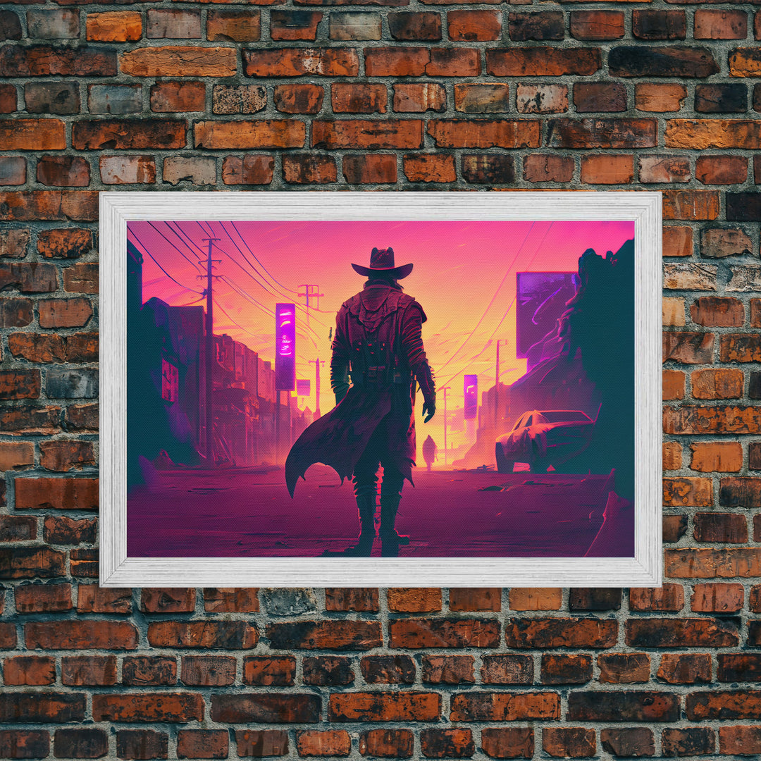 The Gunfighter, Retro Outrun style wild west cowboy art, framed canvas print