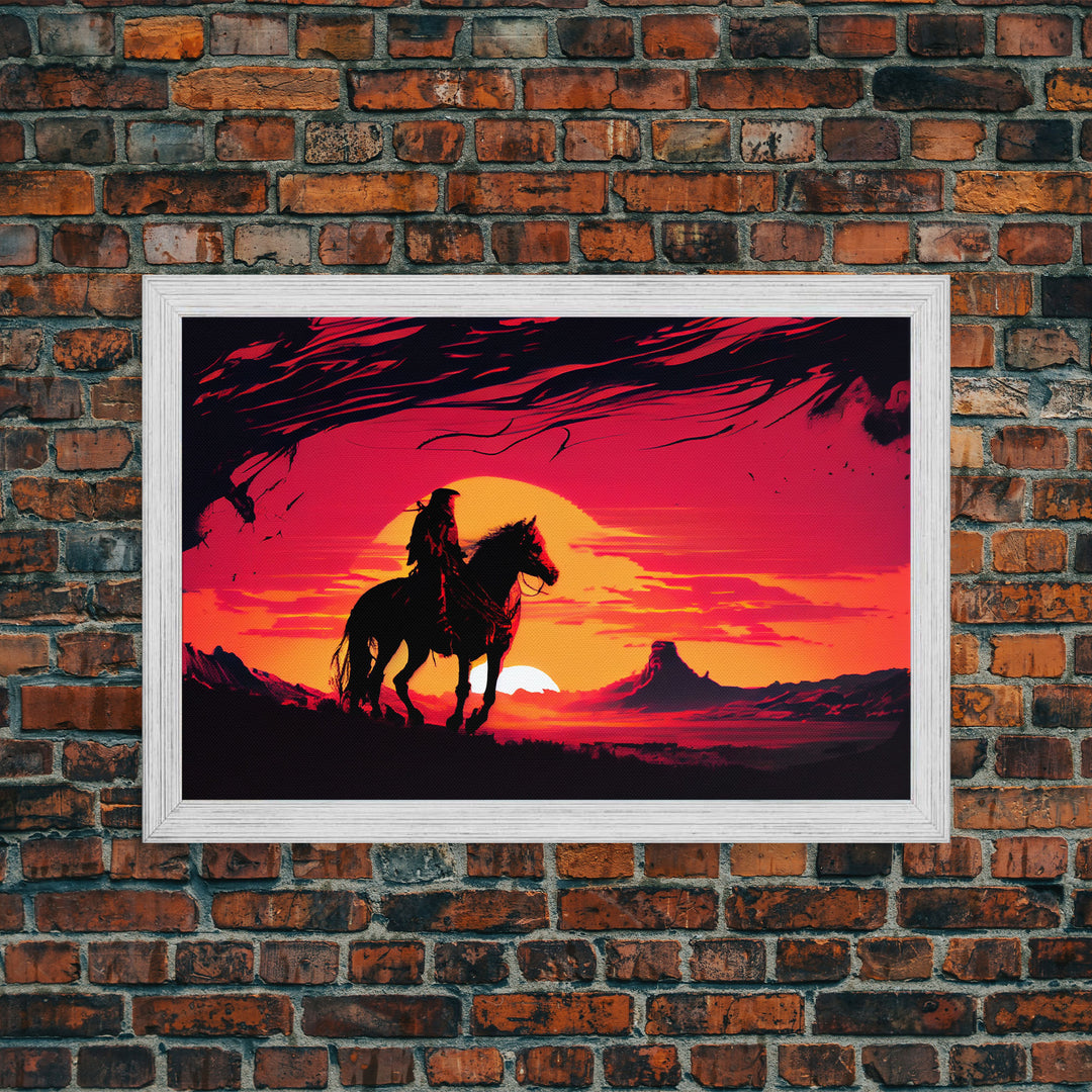 Retro Wildwest Sunset Art, Framed Canvas Print, Native American Warrior on Horseback