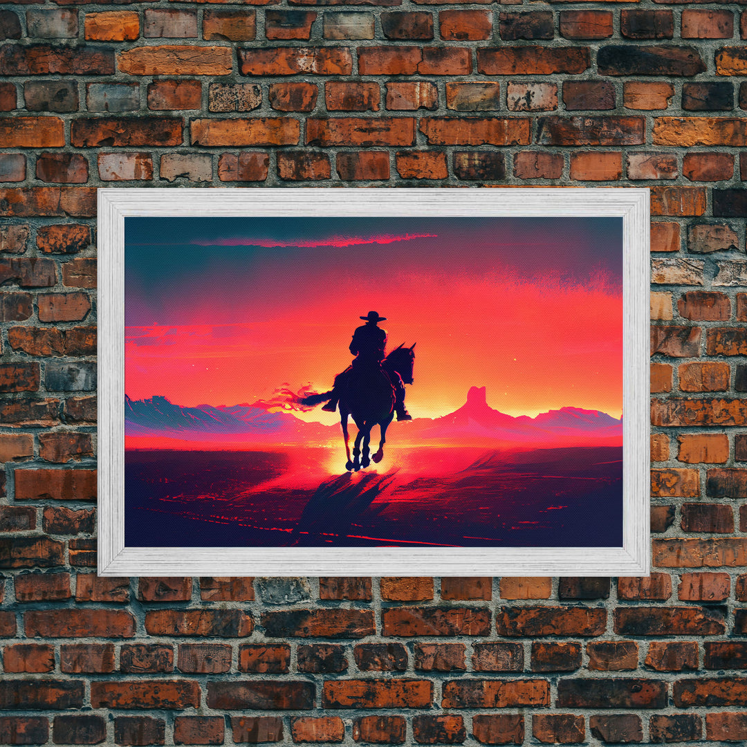 The Sunset Ride, Wild West Cowboy Art, retro style western decor, framed canvas print