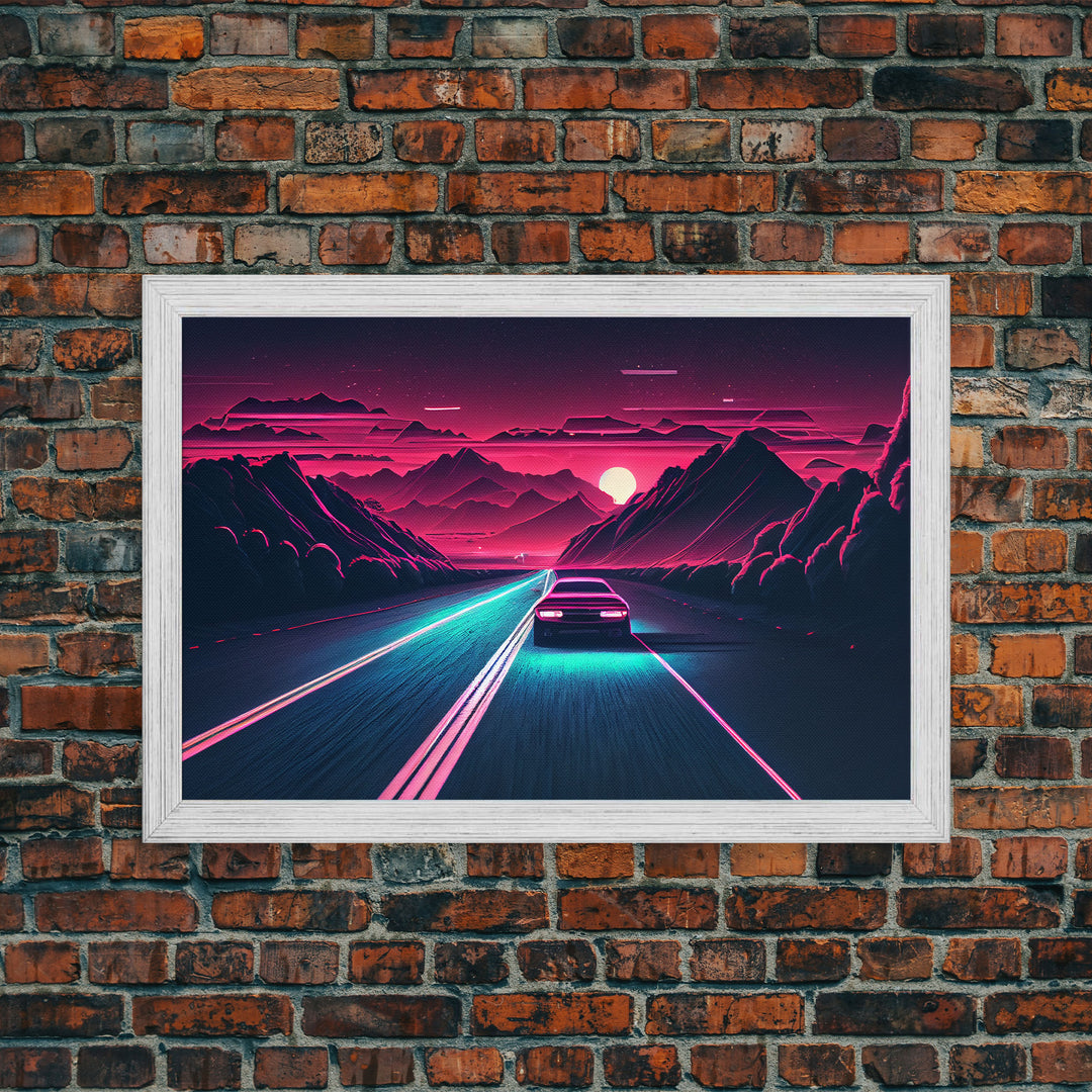 Midnight Drive, Unique Synthwave Style Retro Art, 80s style art, framed canvas print