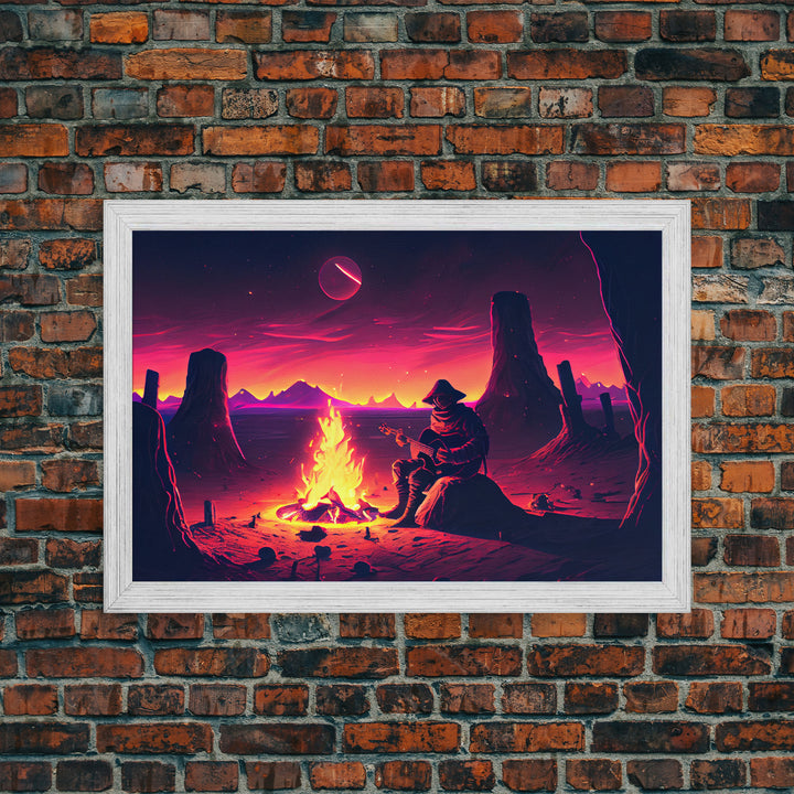 Campfire Songs, Retrowave style art, framed canvas print, synthwave art