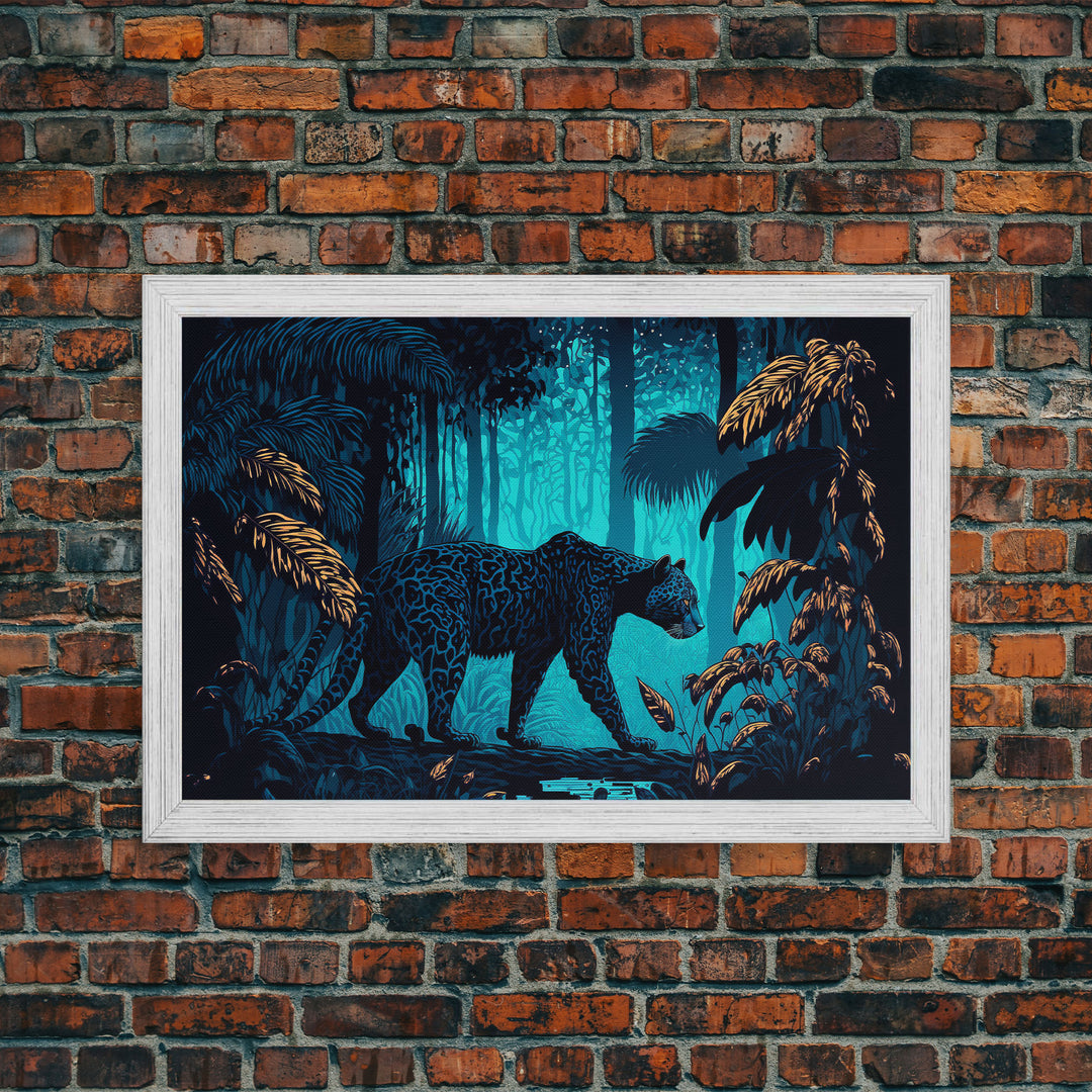 Black and Turquoise Panther, framed canvas print, unique wall art, wildlife canvas art, living room wall art