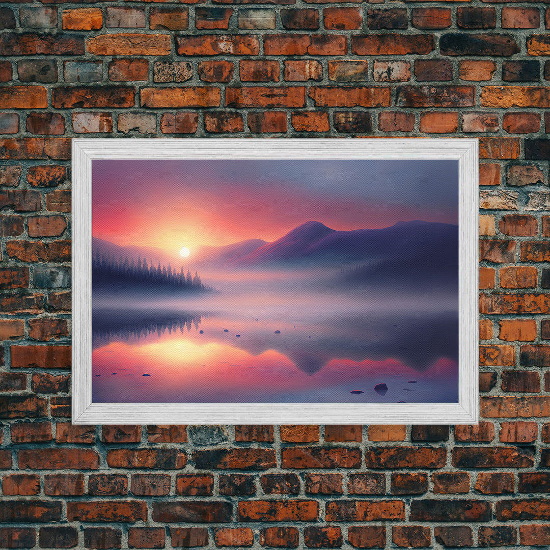 Foggy Sunset Over a Pine Forest and Lake, Fall Tones, Wall Decoration, Framed Canvas Print, cool wall art, minimalist boho wall art