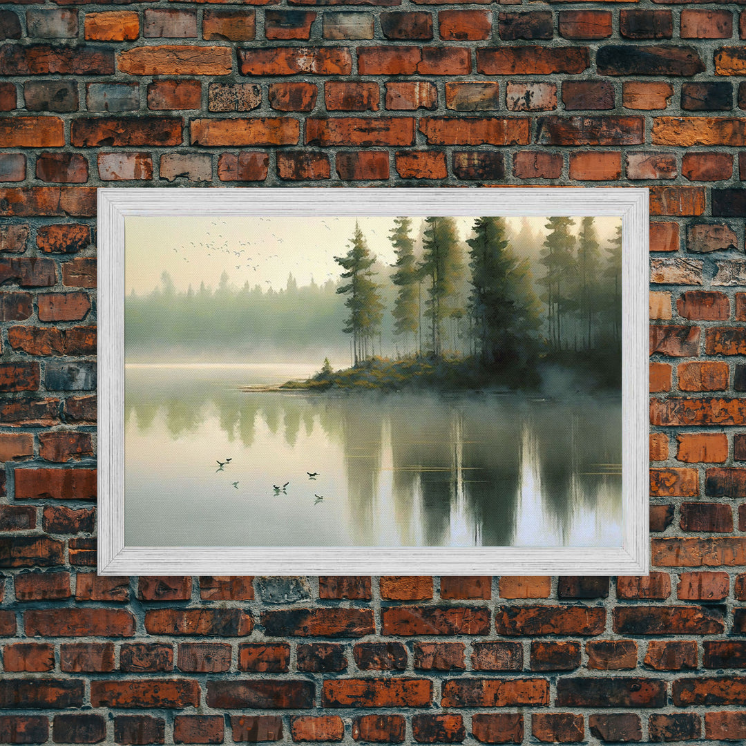 Misty Morning Sunset over a Oregon Lake, framed canvas print, beautiful nature / landscape art, boho minimalist farmhouse wall decor