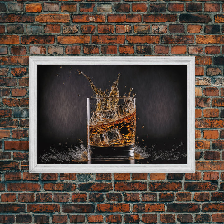 Whiskey Wall Décor, Glass of Whiskey with Splash, Man Cave Wall Art, Whisky Artwork, Home Bar Decor, Framed Canvas Print