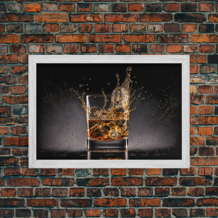 Whiskey Wall Décor, Glass of Whiskey with Splash, Man Cave Wall Art, Whisky Artwork, Home Bar Decor, Framed Canvas Print, Manly Art