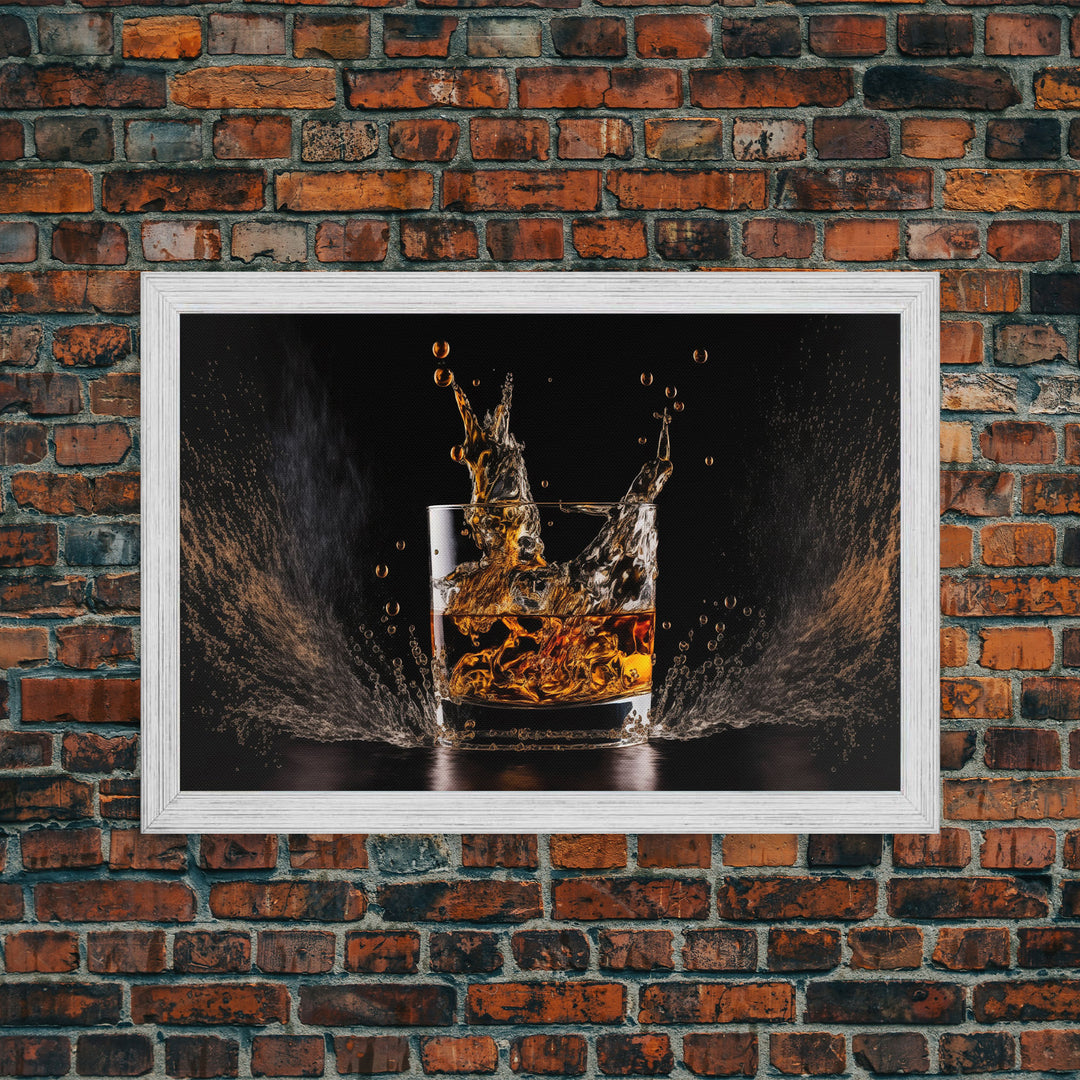 Whiskey Wall Décor, Ice falling into a glass of whiskey, modern / contemporary bar wall art, framed canvas print